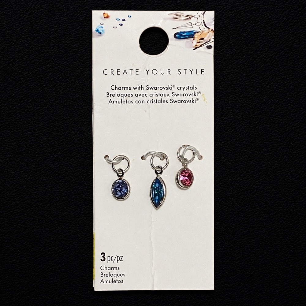 Create Your Style Swarovski Crystal Charm 3pc Set Blue Teal Pink Silver Tone NEW